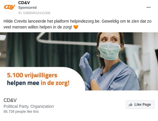 An ad from the page "CD&V". The ad reads: "Hilde Crevits lanceerde het platform helpindezorg.be. Geweldig om te zien dat zo veel mensen willen helpen in de zorg! 🧡".