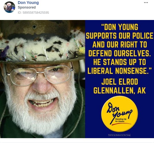 An ad from the page "Don Young". The ad reads: "".