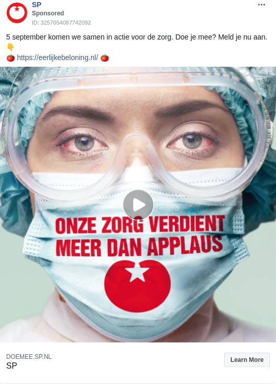 An ad from the page "SP". The ad reads: "5 september komen we samen in actie voor de zorg. Doe je mee? Meld je nu aan.👇 🍅 https://eerlijkebeloning.nl/ 🍅".