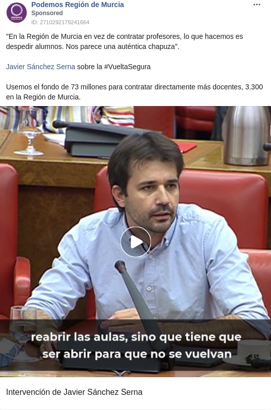 An ad from the page "Podemos Región de Murcia". The ad reads: ""En la Región de Murcia en vez de contratar profesores, lo que hacemos es despedir alumnos. Nos parece una auténtica chapuza". Javier Sánchez Serna sobre la #VueltaSegura Usemos el fondo de 73 millones para contratar directamente más docentes, 3.300 en la Región de Murcia.".