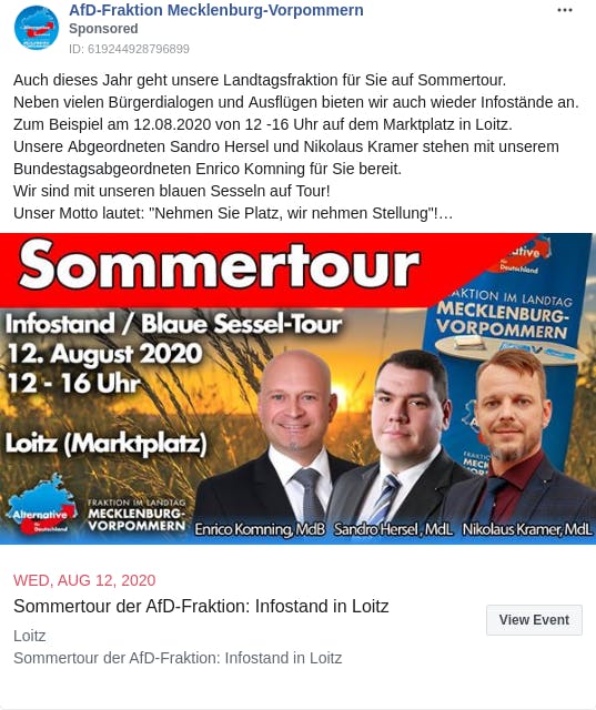 An ad from the page "AfD-Fraktion Mecklenburg-Vorpommern". The ad reads: "Auch dieses Jahr geht unsere Landtagsfraktion für Sie auf Sommertour. Neben vielen Bürgerdialogen und Ausflügen bieten wir auch wieder Infostände an. Zum Beispiel am 12.08.2020 von 12 -16 Uhr auf dem Marktplatz in Loitz. Unsere Abgeordneten Sandro Hersel und Nikolaus Kramer stehen mit unserem Bundestagsabgeordneten Enrico Komning für Sie bereit. Wir sind mit unseren blauen Sesseln auf Tour! Unser Motto lautet: "Nehmen Sie Platz, wir nehmen Stellung"! Wir freuen uns auf Ihren Besuch!".