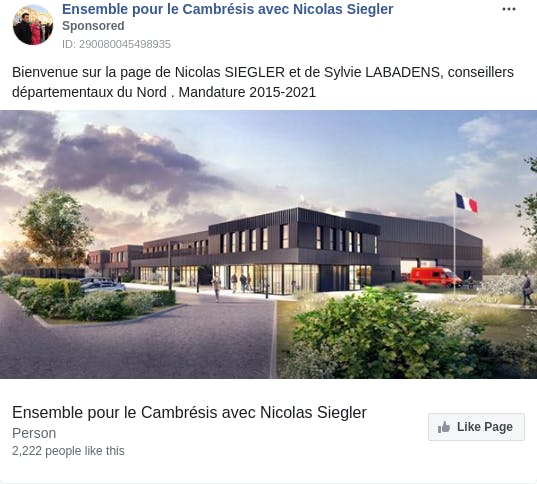 An ad from the page "Nicolas Siegler". The ad reads: "Bienvenue sur la page de Nicolas SIEGLER et de Sylvie LABADENS, conseillers départementaux du Nord . Mandature 2015-2021".