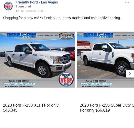 An ad from the page "Friendly Ford - Las Vegas". The ad reads: "Shopping for a new car? Check out our new models and competitive pricing.".