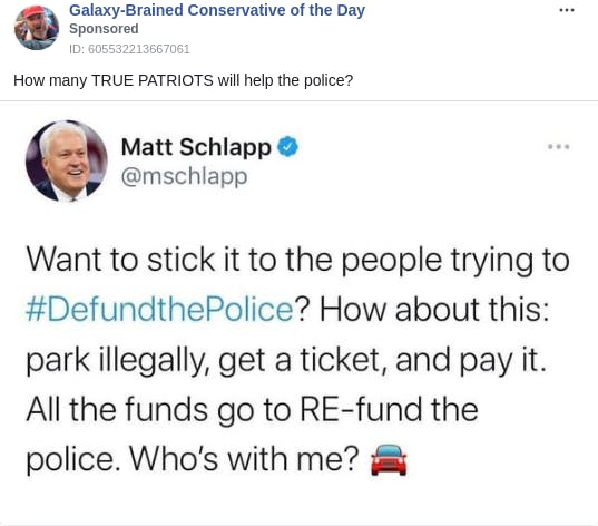 An ad from the page "Galaxy-Brained Conservative of the Day". The ad reads: "How many TRUE PATRIOTS will help the police?".