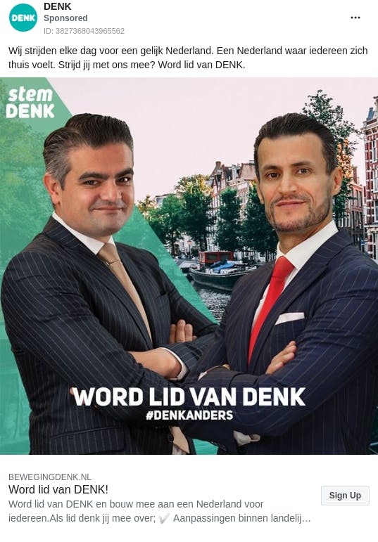 An ad from the page "DENK". The ad reads: "Wij strijden elke dag voor een gelijk Nederland. Een Nederland waar iedereen zich thuis voelt. Strijd jij met ons mee? Word lid van DENK.".