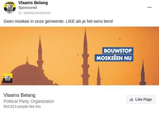 An ad from the page "Vlaams Belang". The ad reads: "Geen moskee in onze gemeente. LIKE als je het eens bent!".