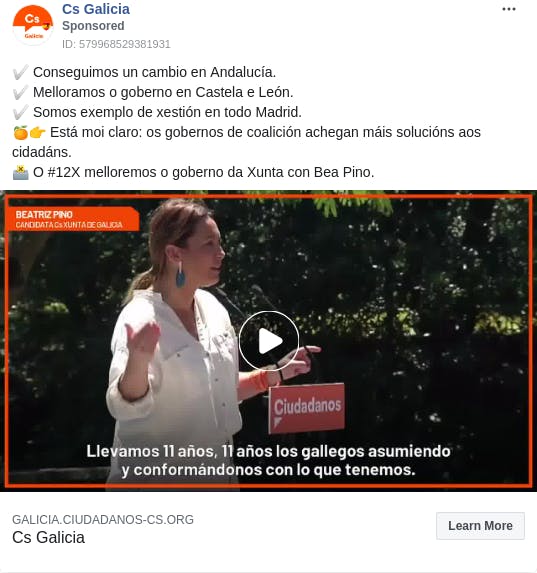 An ad from the page "Cs Galicia". The ad reads: "✅ Conseguimos un cambio en Andalucía. ✅ Melloramos o goberno en Castela e León. ✅ Somos exemplo de xestión en todo Madrid. 🍊👉 Está moi claro: os gobernos de coalición achegan máis solucións aos cidadáns. 🗳 O #12X melloremos o goberno da Xunta con Bea Pino.".