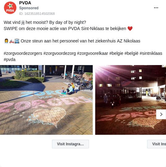 An ad from the page "PVDA". The ad reads: "Wat vind jij het mooist? By day of by night? SWIPE om deze mooie actie van PVDA Sint-Niklaas te bekijken ❤️ 👩‍⚕️🚑🏨 Onze steun aan het personeel van het ziekenhuis AZ Nikolaas #zorgvoordezorgers #zorgvoordezorg #zorgvoorelkaar #belgie #belgië #sintniklaas #pvda".