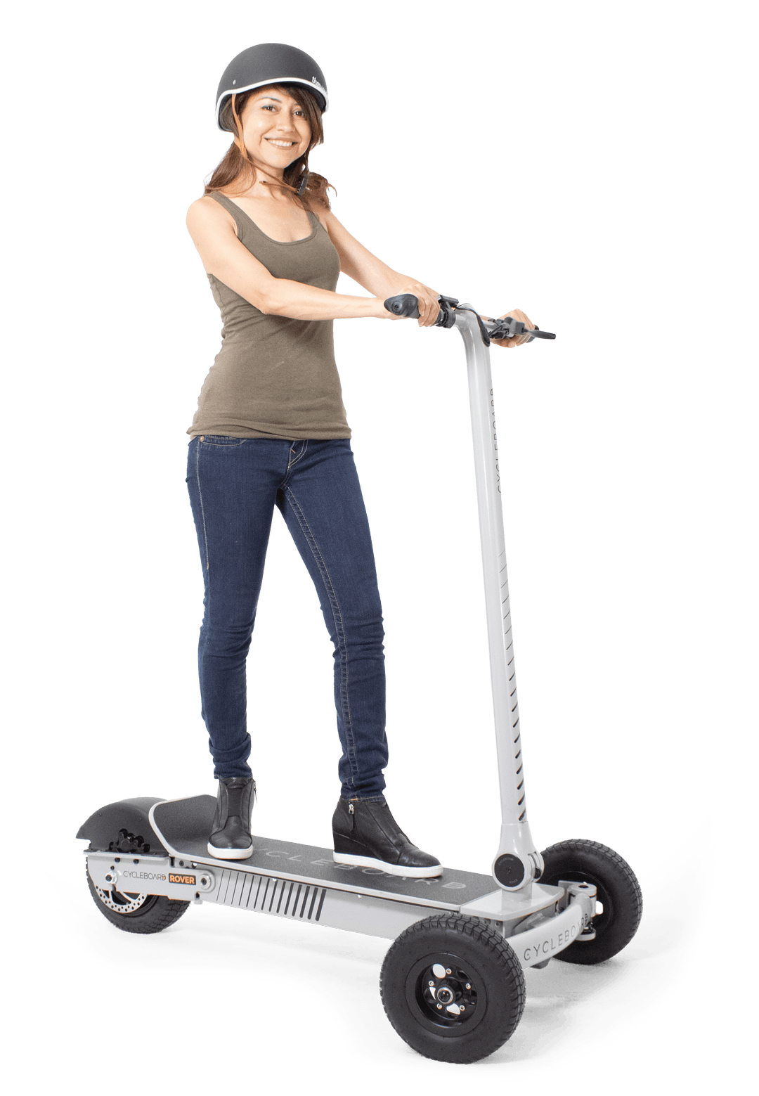 woman standing on 3-wheeled electric scooter for adults