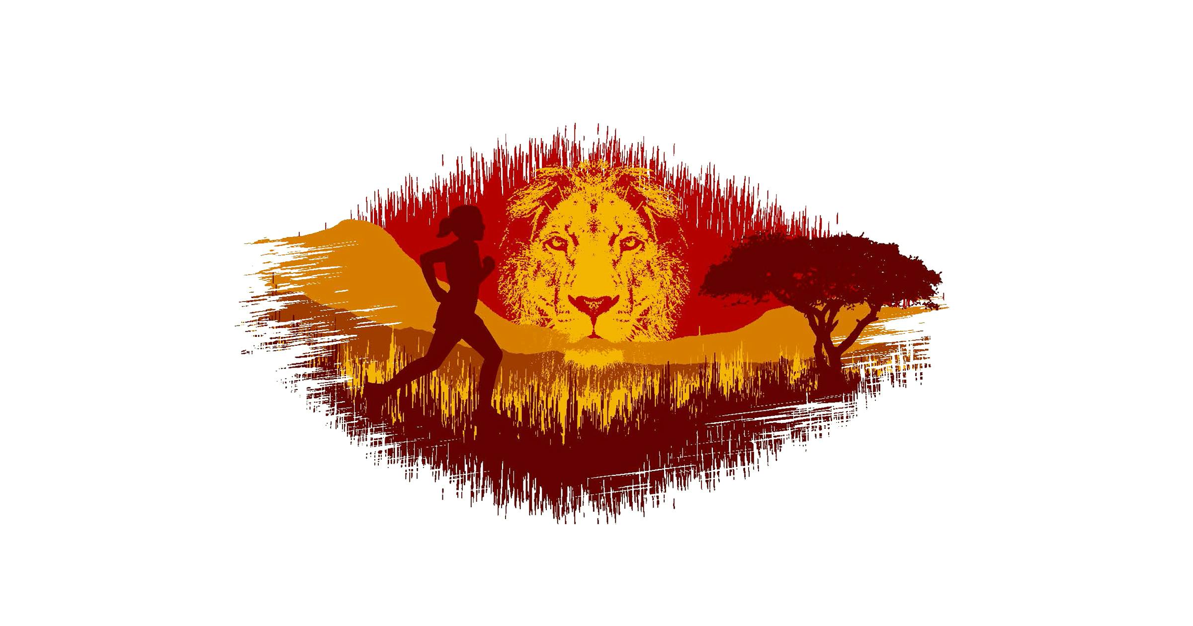 Illustration d'un paysage kenyan avec un lion, des arbres et un coureur.
