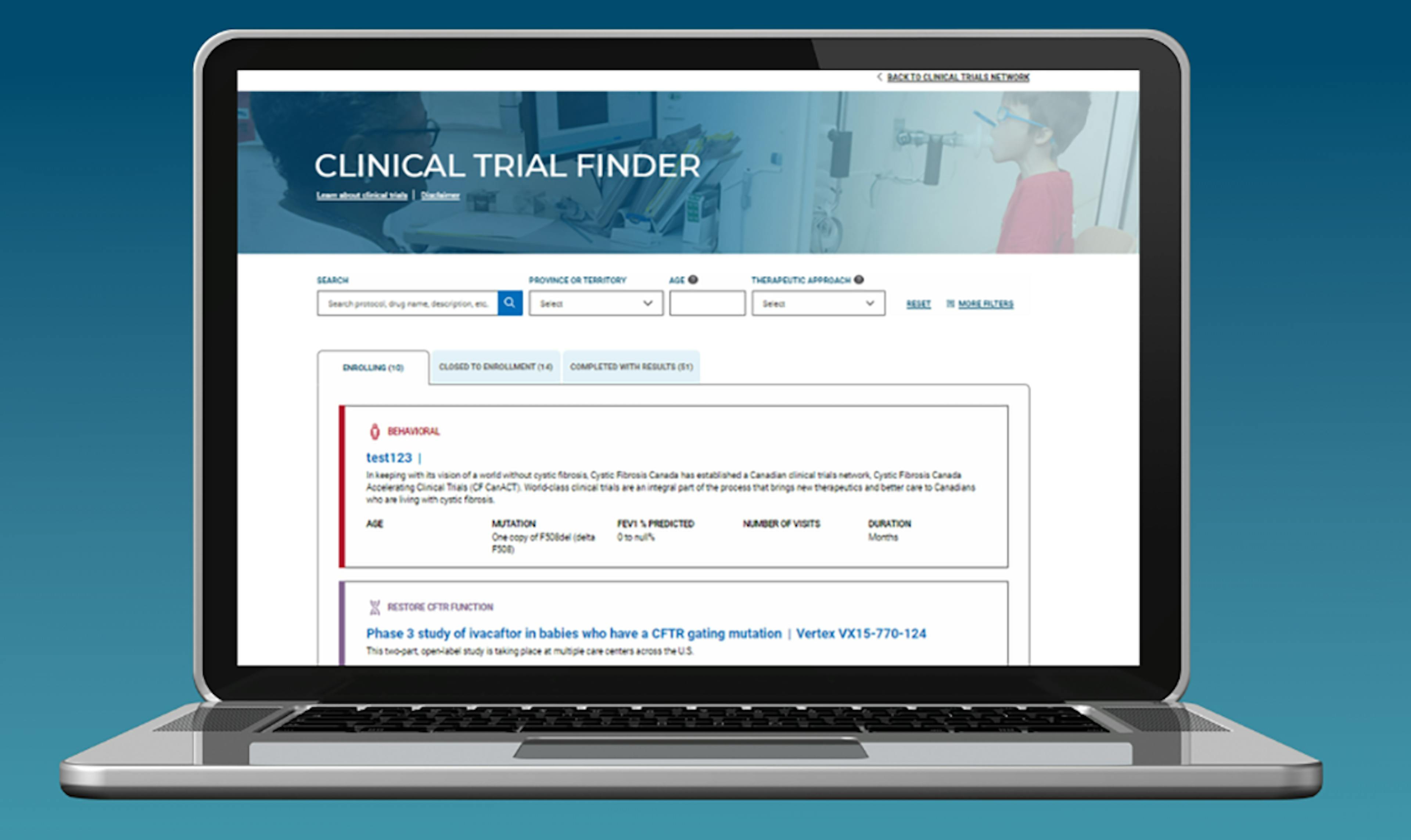 illustration of the trial finder website on a laptop