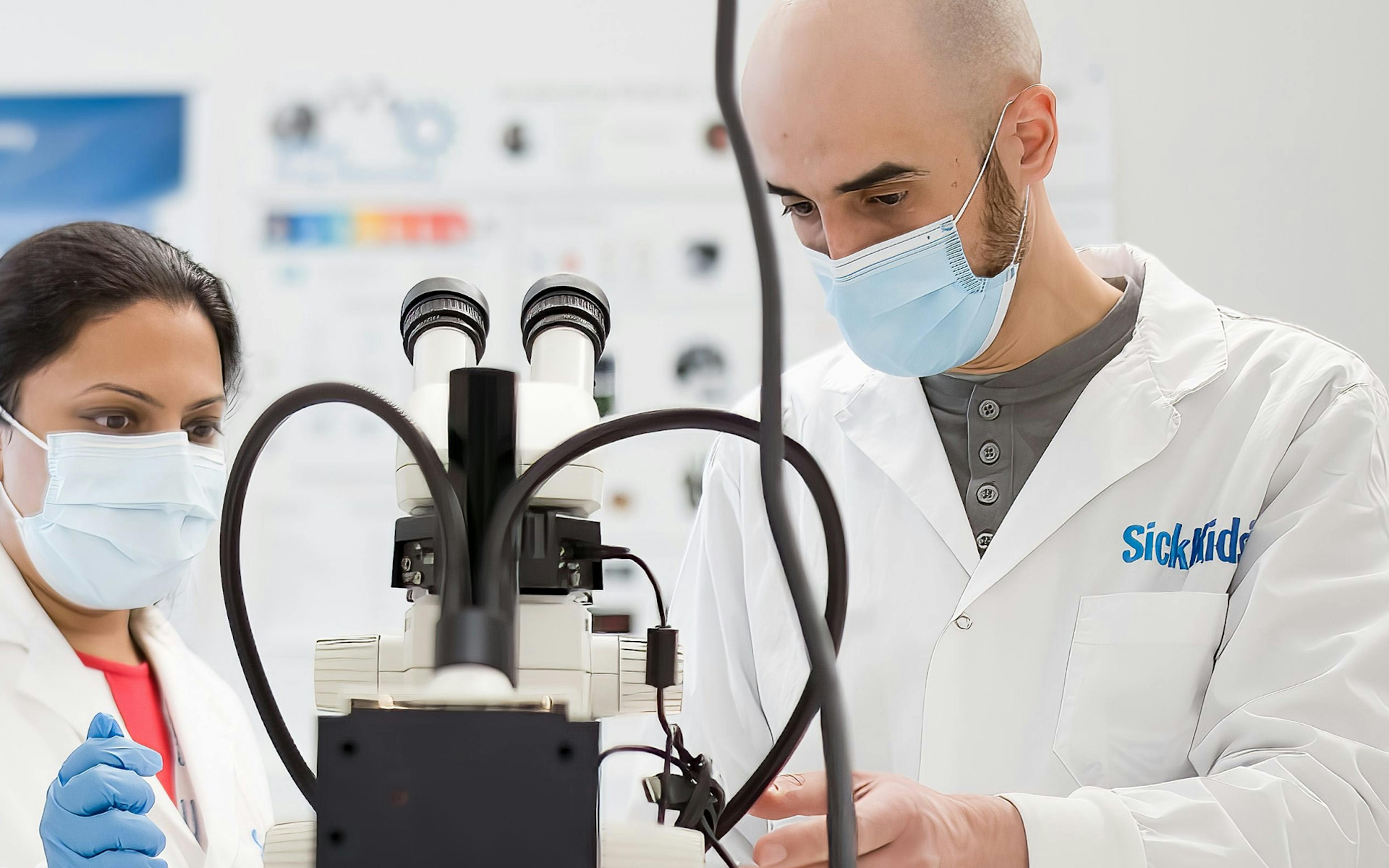 Deux techniciens de laboratoire travaillant dans un laboratoire de Sick Kids.