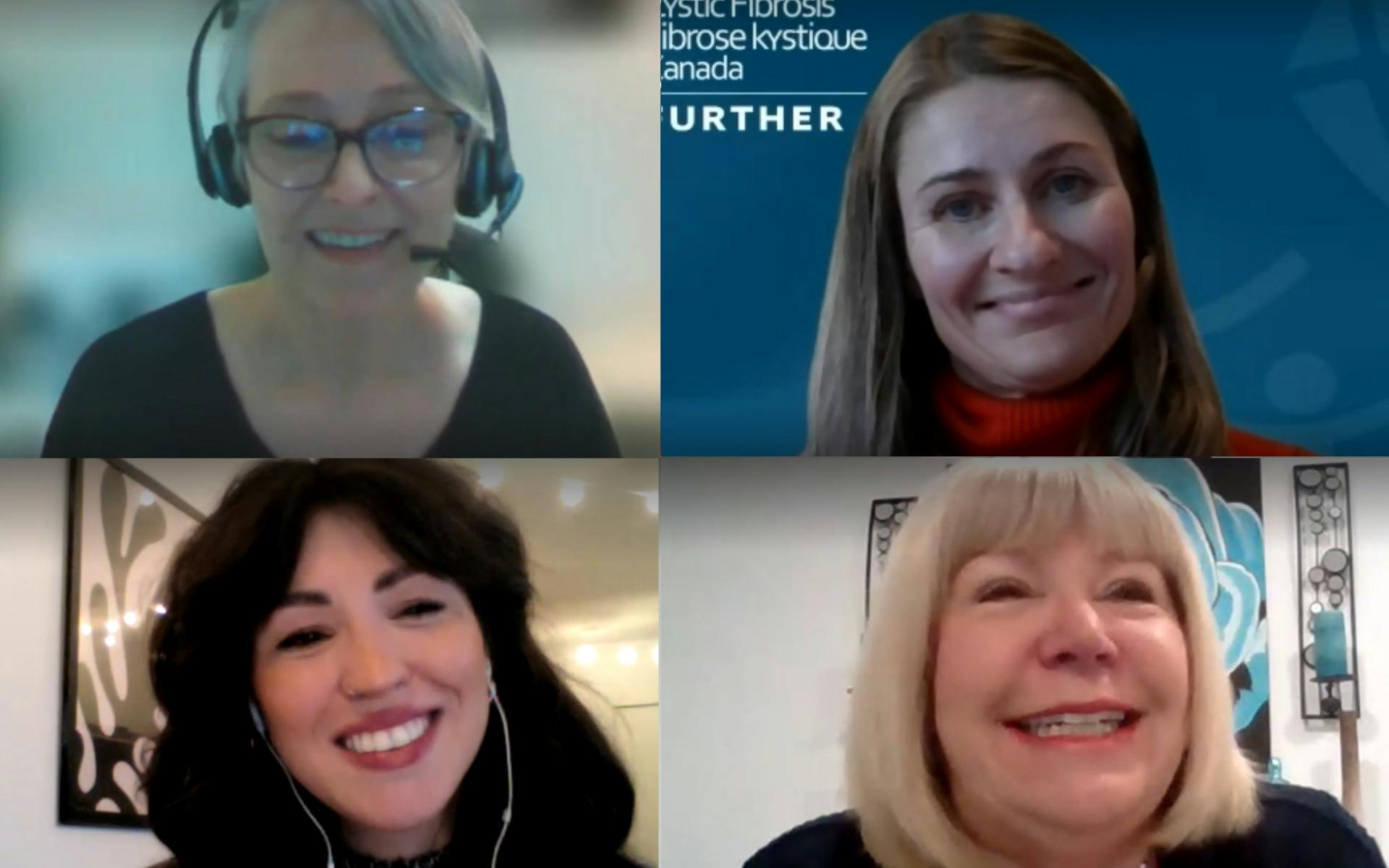 Pat MacDiarmid, Jana Kocourek, Trina Atchison and Marjorie Jorgenson smiling in screenshots during the mental health and cystic fibrosis zoom webinar.