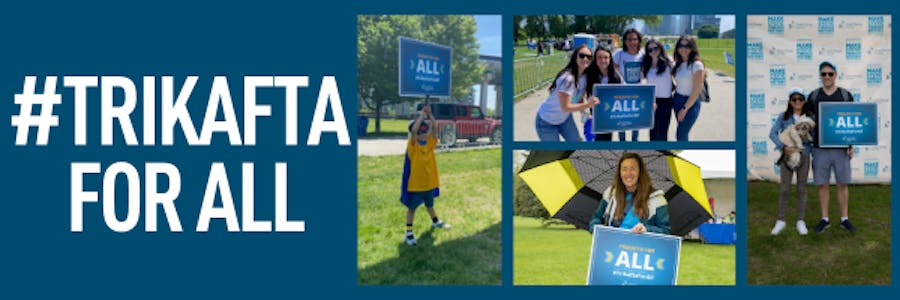 Collage of walkers holding the 'Trikafta for all' sign