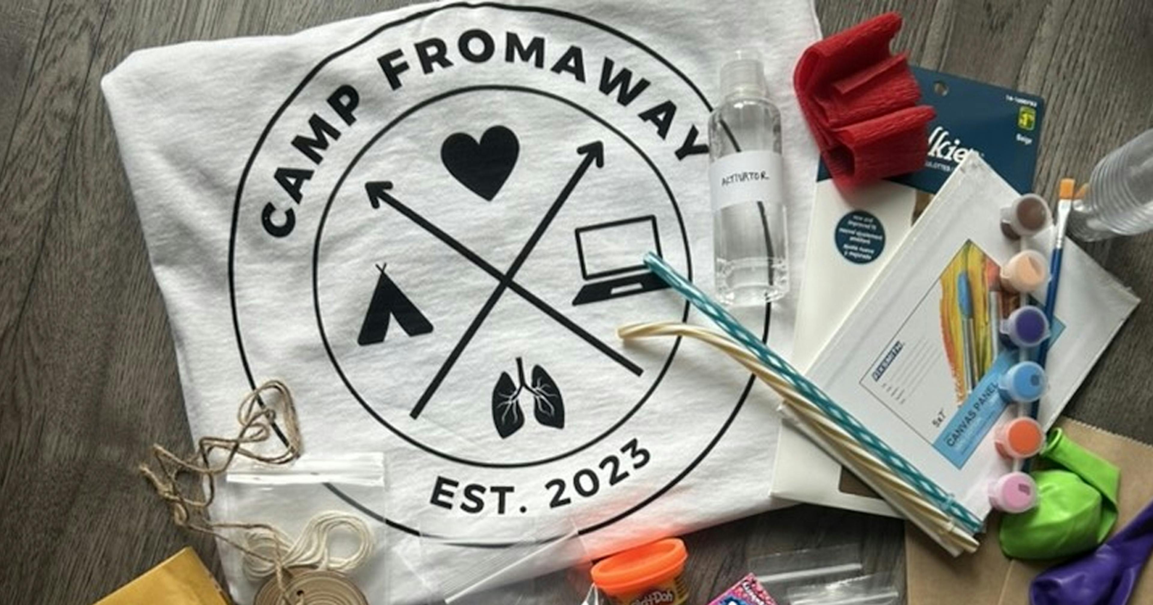 Camp FromAway memorabilia including t-shirt, games and art supplies