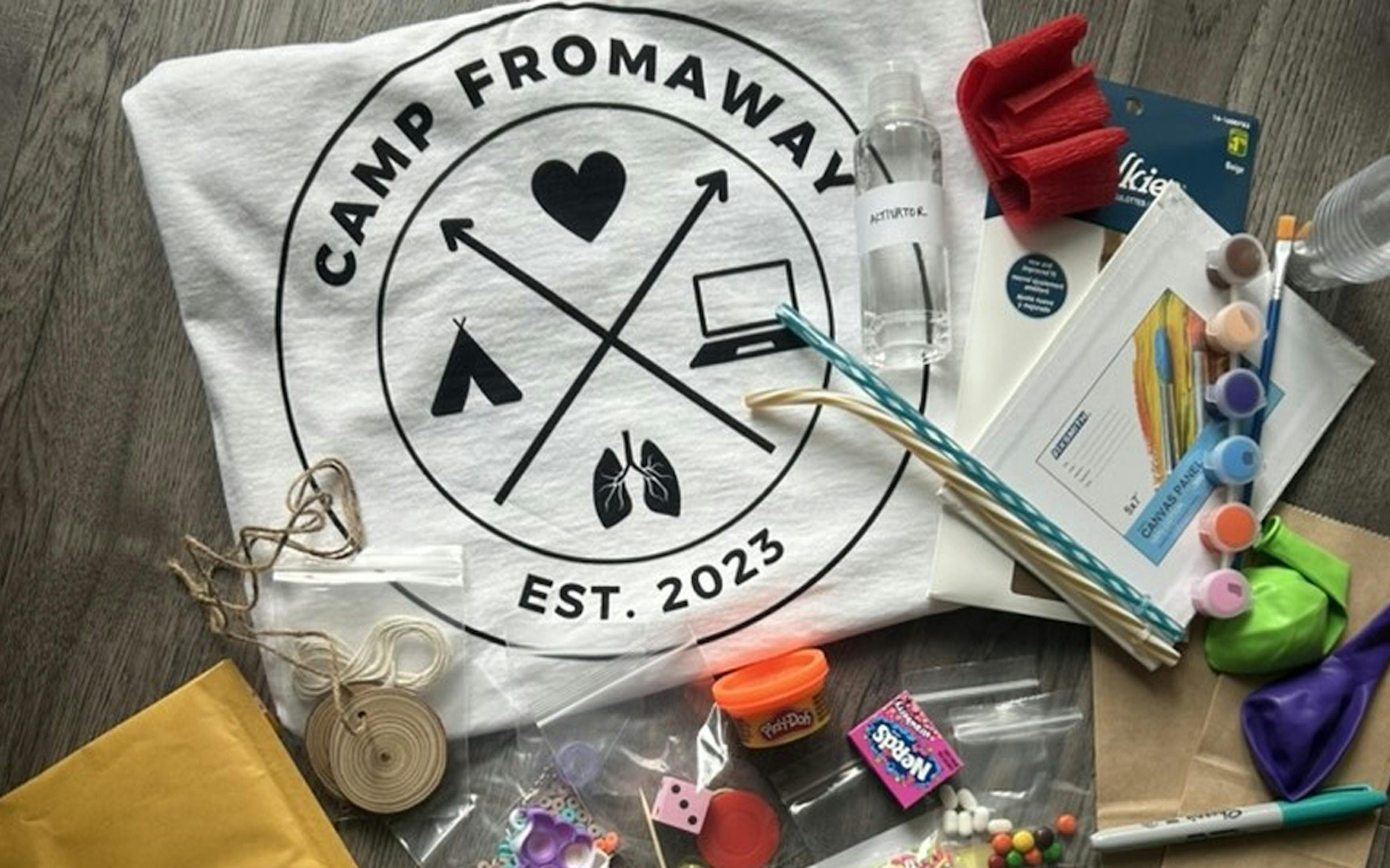 Camp FromAway memorabilia including t-shirt, games and art supplies