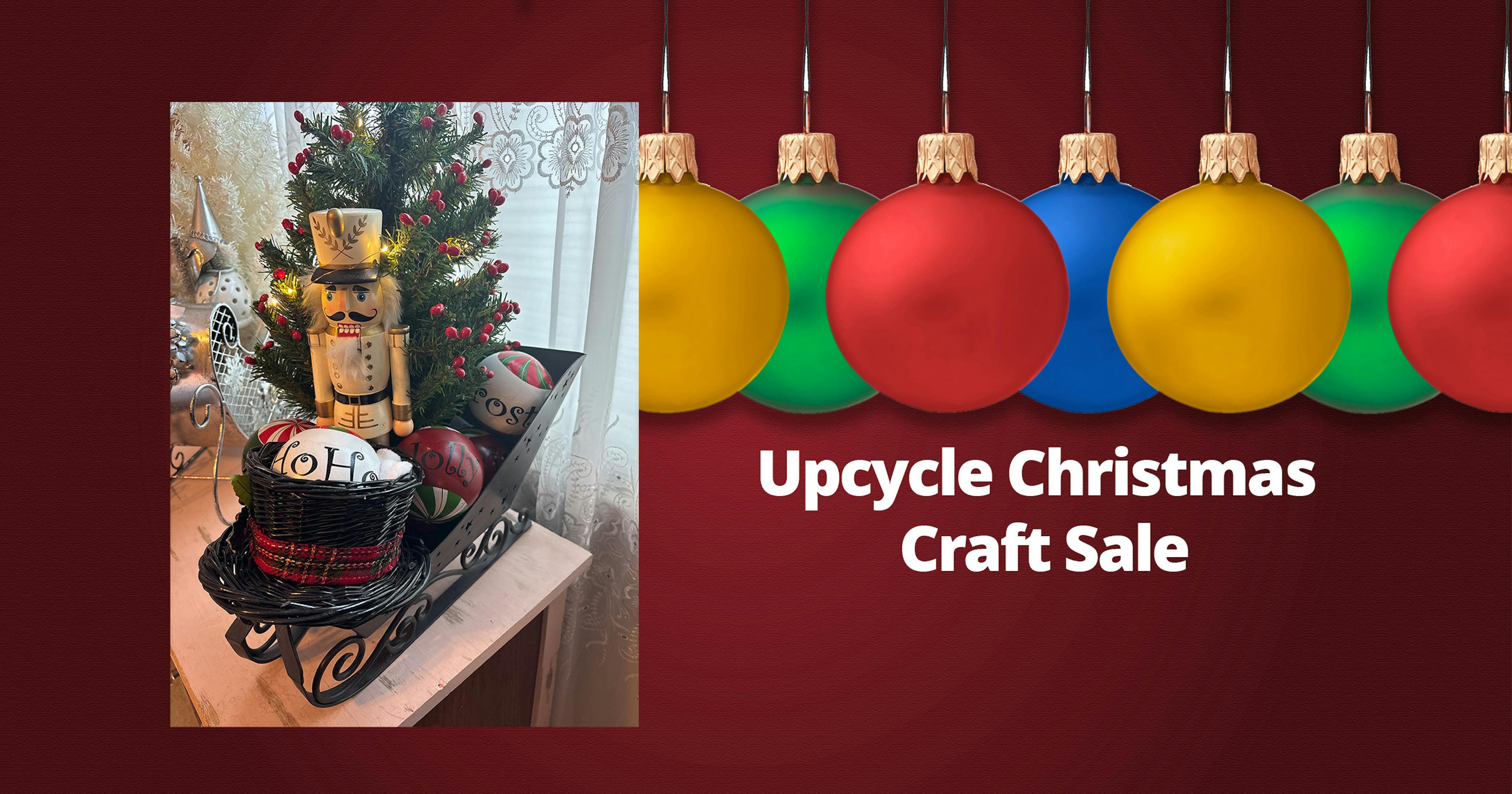 collection of upcycled Christmas decorations on a red background