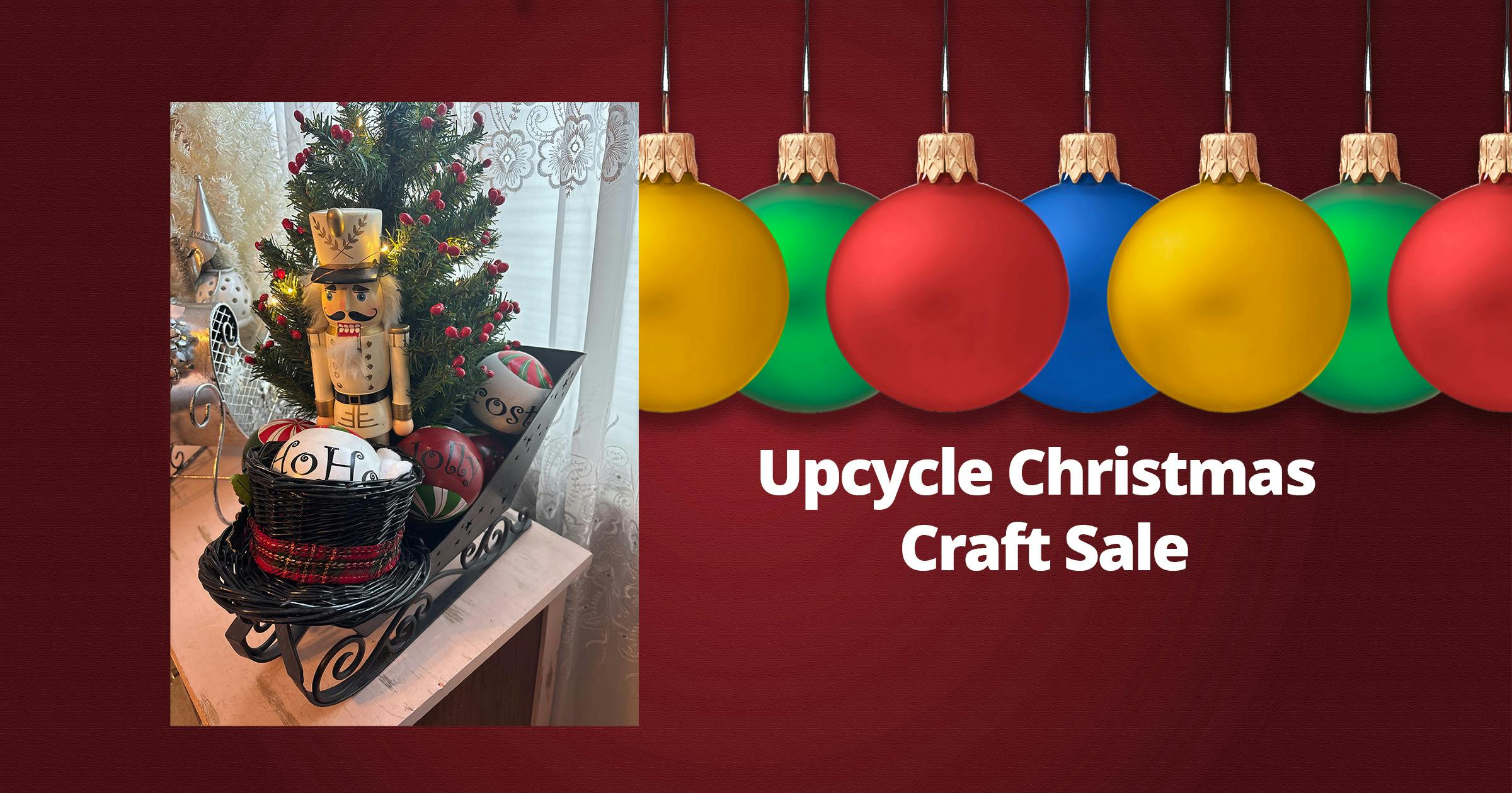 collection of upcycled Christmas decorations on a red background