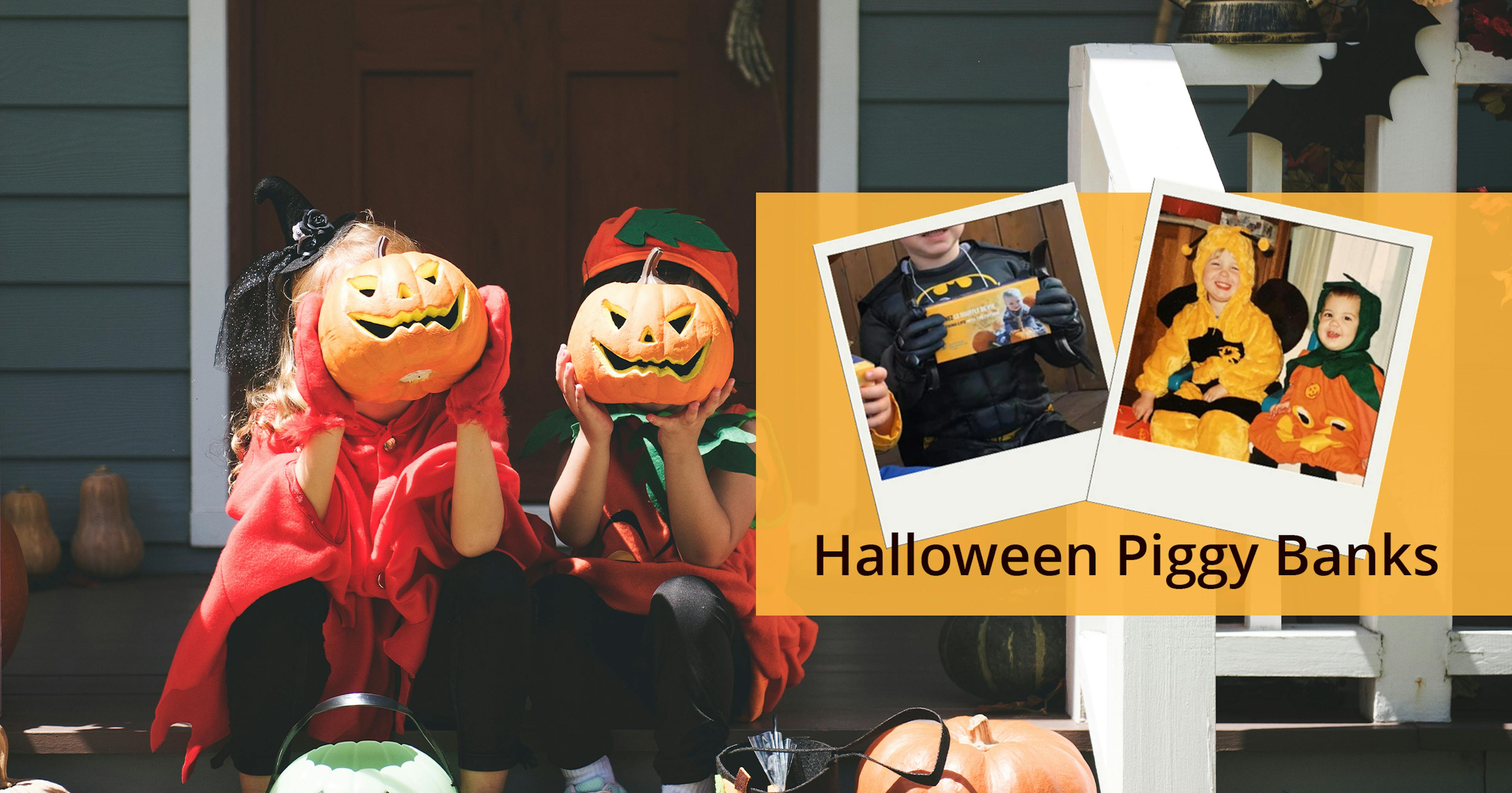Two little kids dressed up in Halloween costumes sit on a porch step holding jack-o-lanterns in front of their faces
