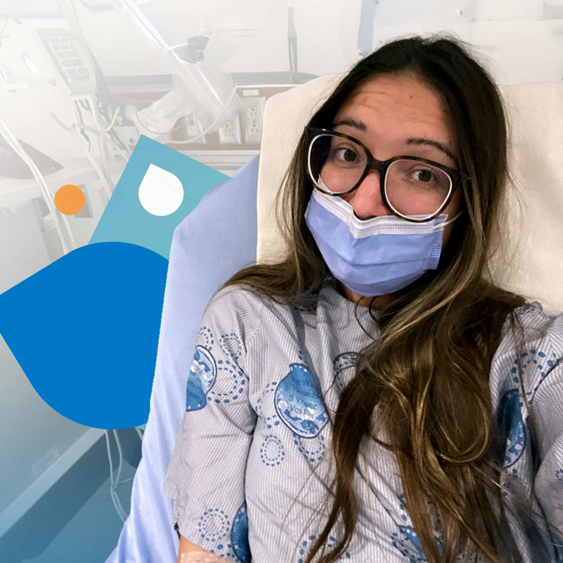A young woman with cystic fibrosis is in a hospital bed wearing a mask.