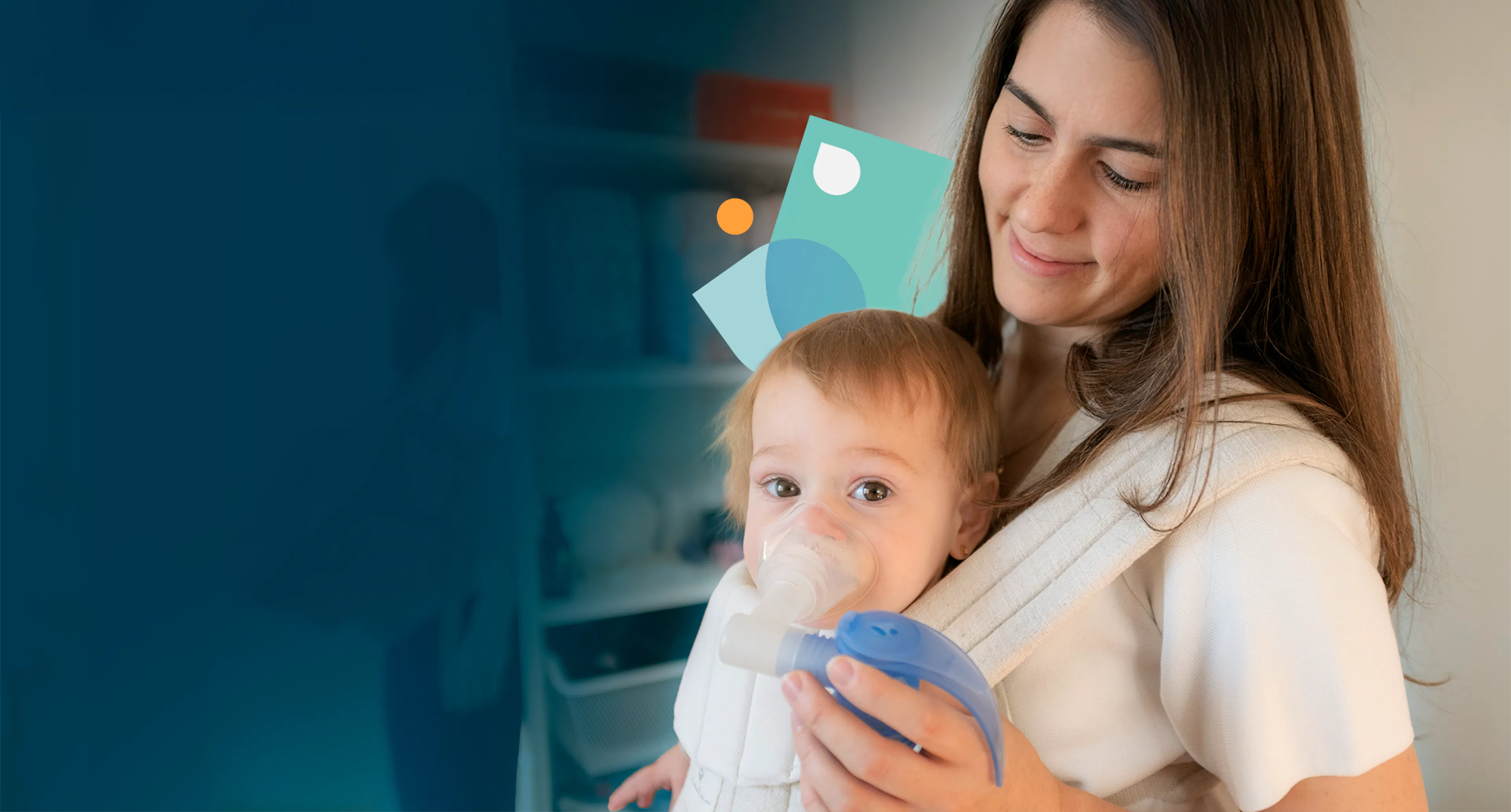 Mother holding infant as she administers breathing tool