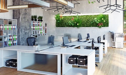 Un espace de travail végétalisé avec des bureaux, des chaises et des plantes
