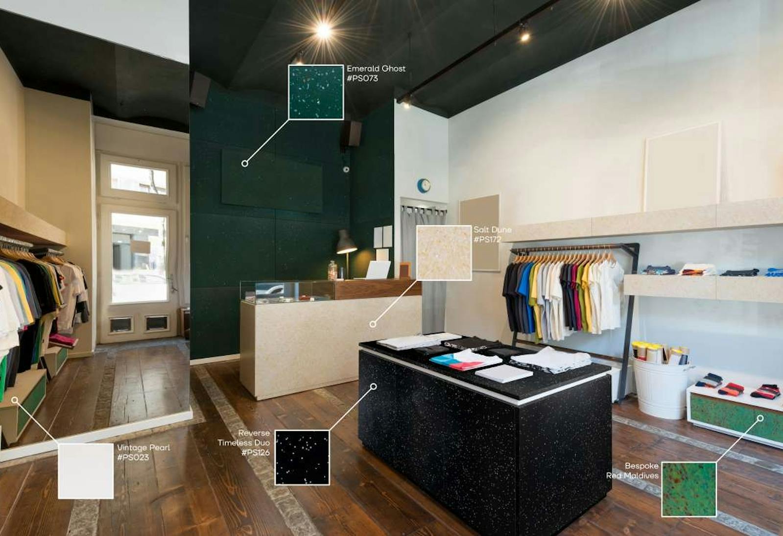 Une boutique de vêtements avec du mobilier en plastique recyclé