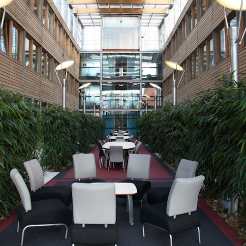 Salle de réunion avec des murs végétalisés, des tables et des chaises