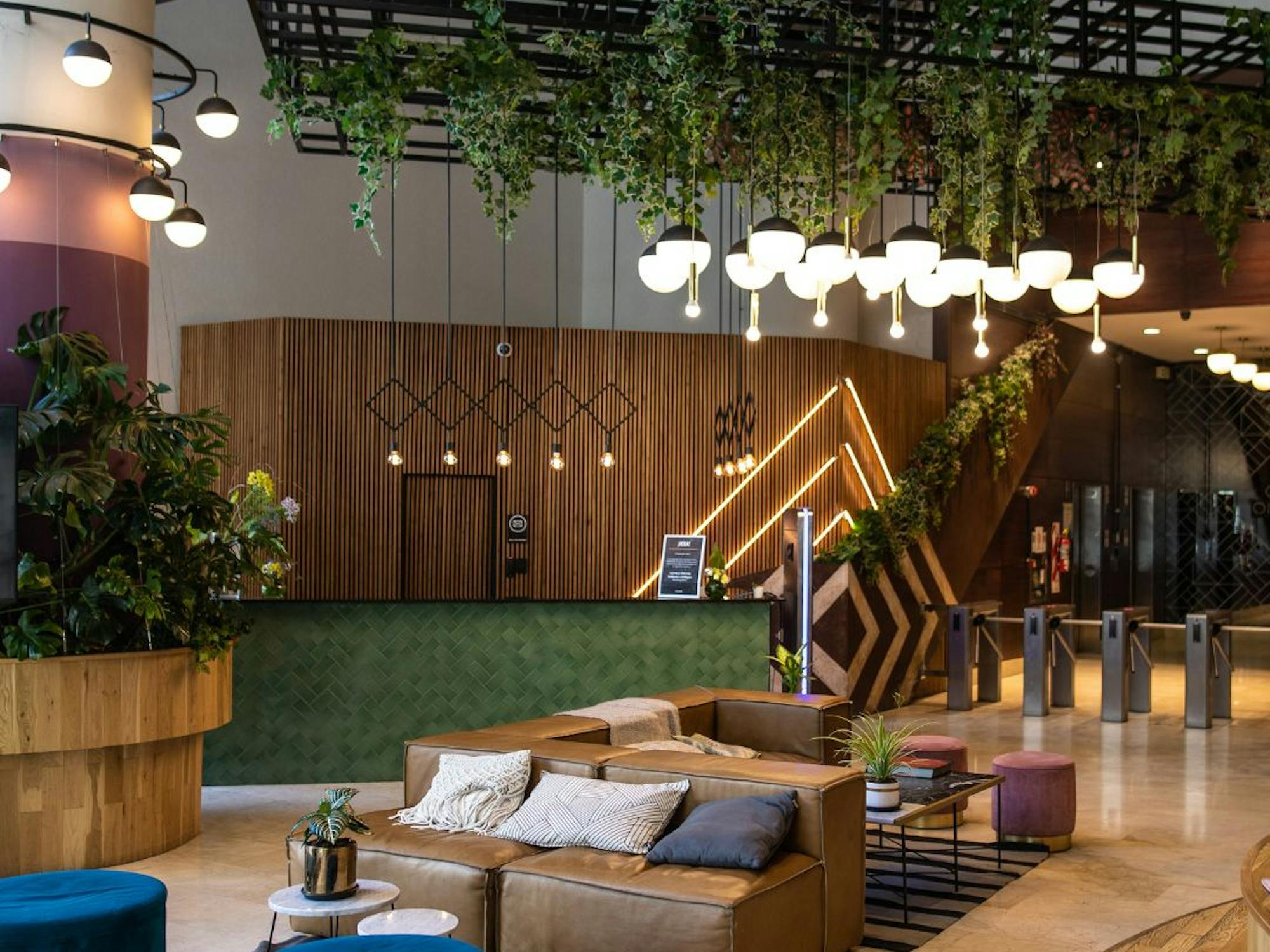 Un espace d'accueil pour le public végétalisé avec canapés et un bureau d'accueil
