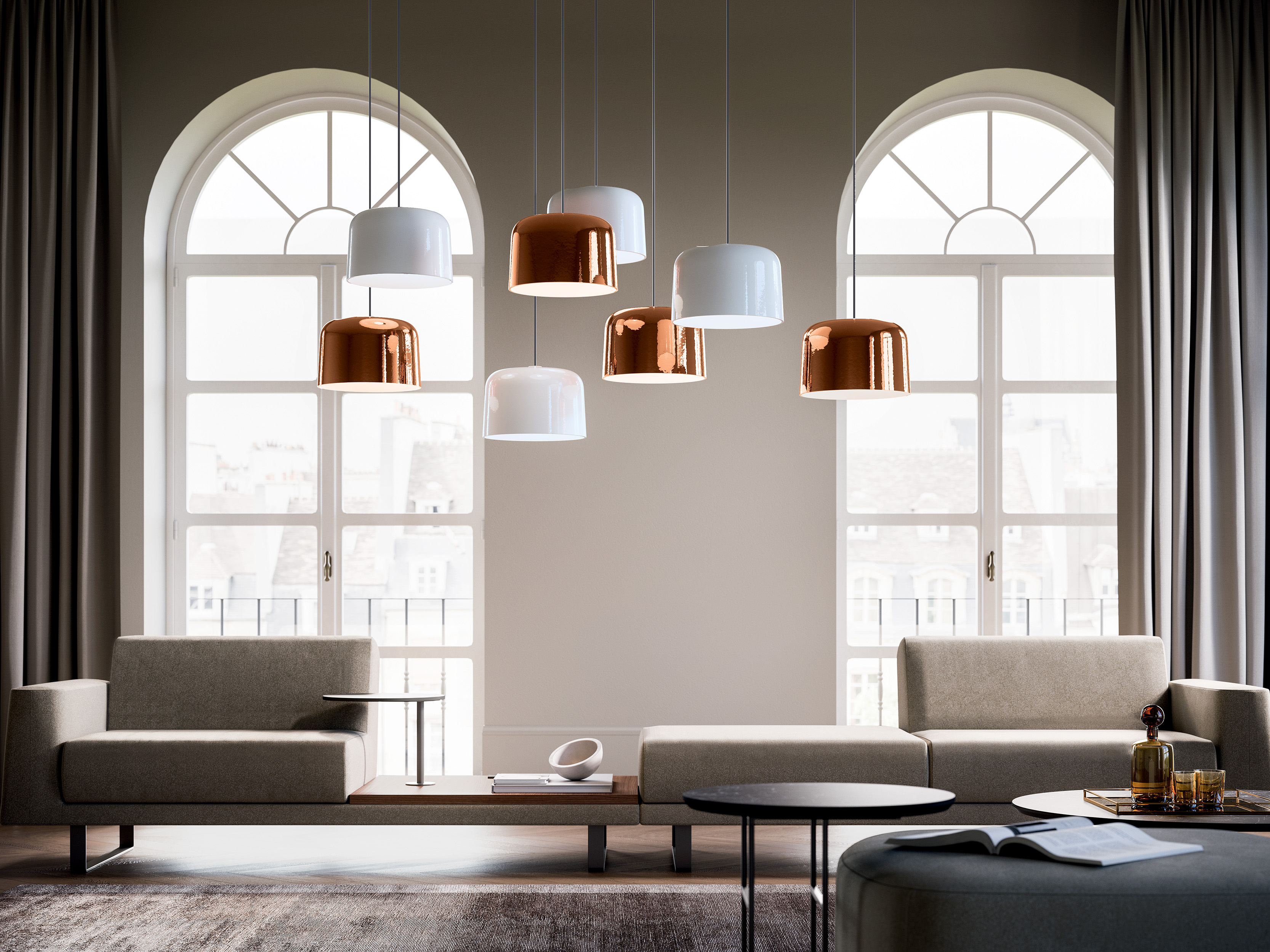 Salon avec 8 lampes design permettant un éclairage parfait de la pièce