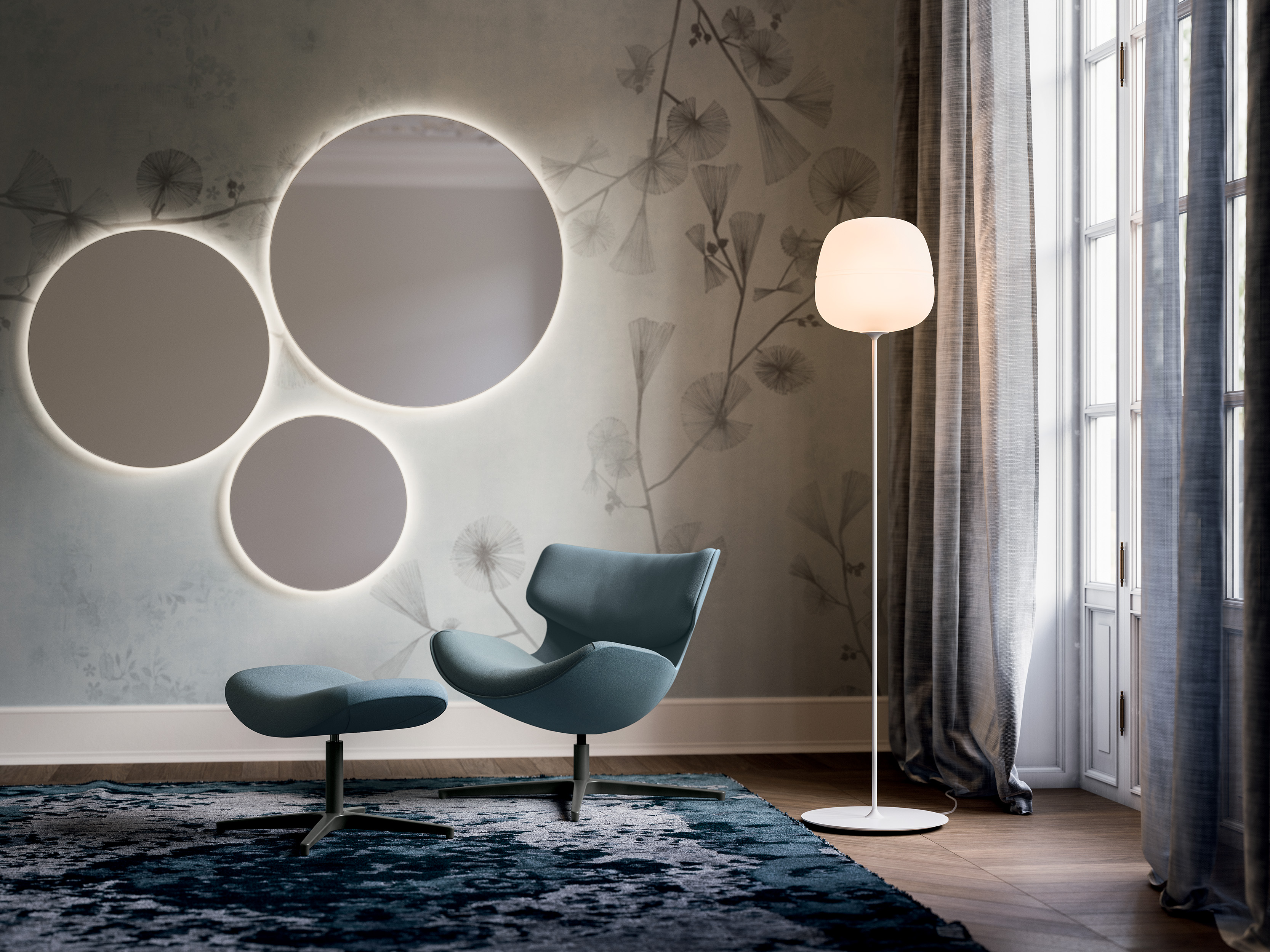 Salon avec un siège et des luminaires blancs design, produit de Dacota