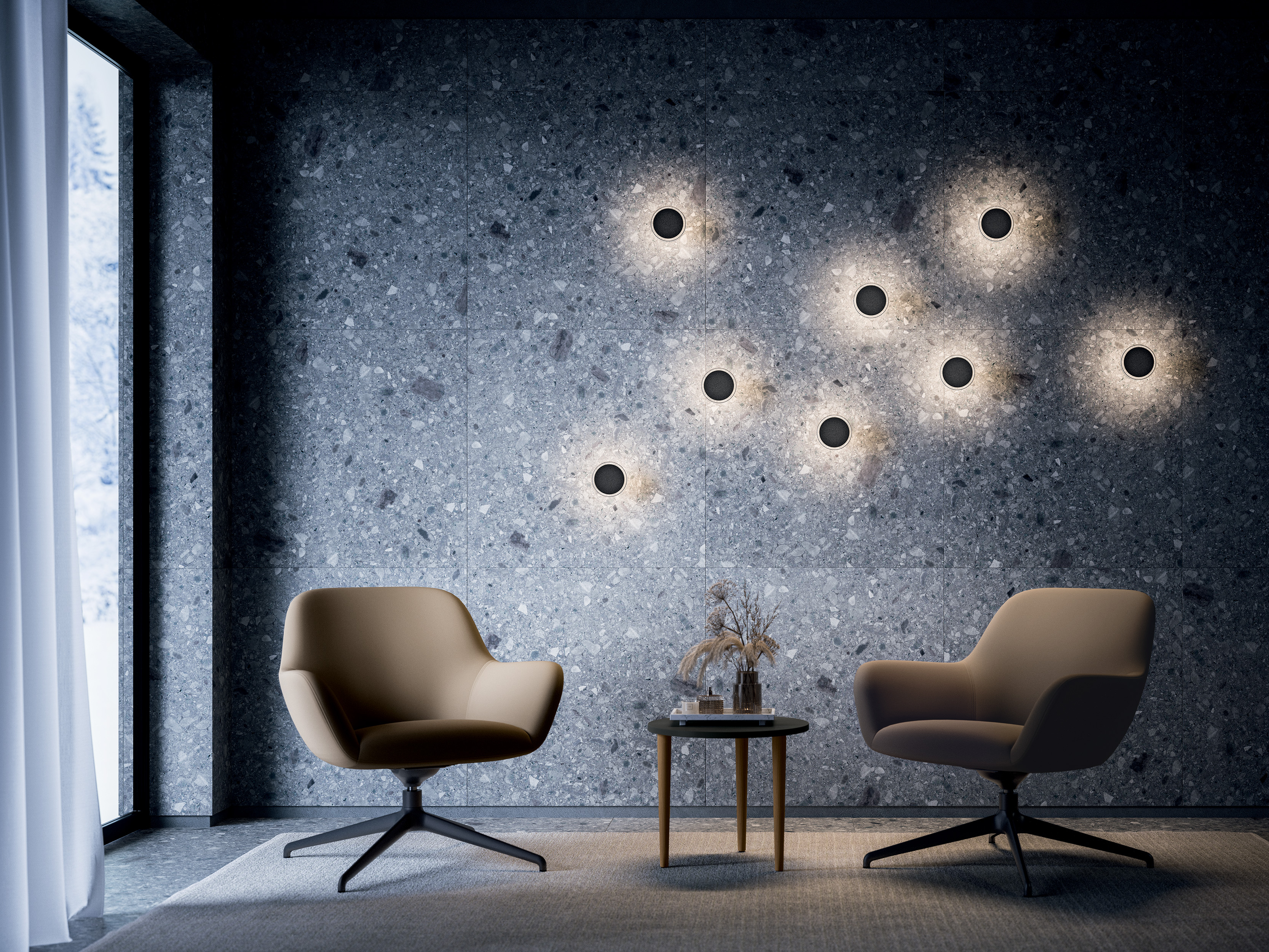 Pièce de vie avec des luminaires aux mures sous forme de ronds