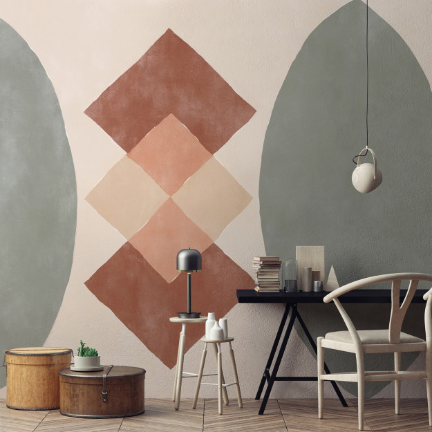 Un bureau avec une table, une chaise et un papier peint personnalisé avec des motifs couleurs pastels