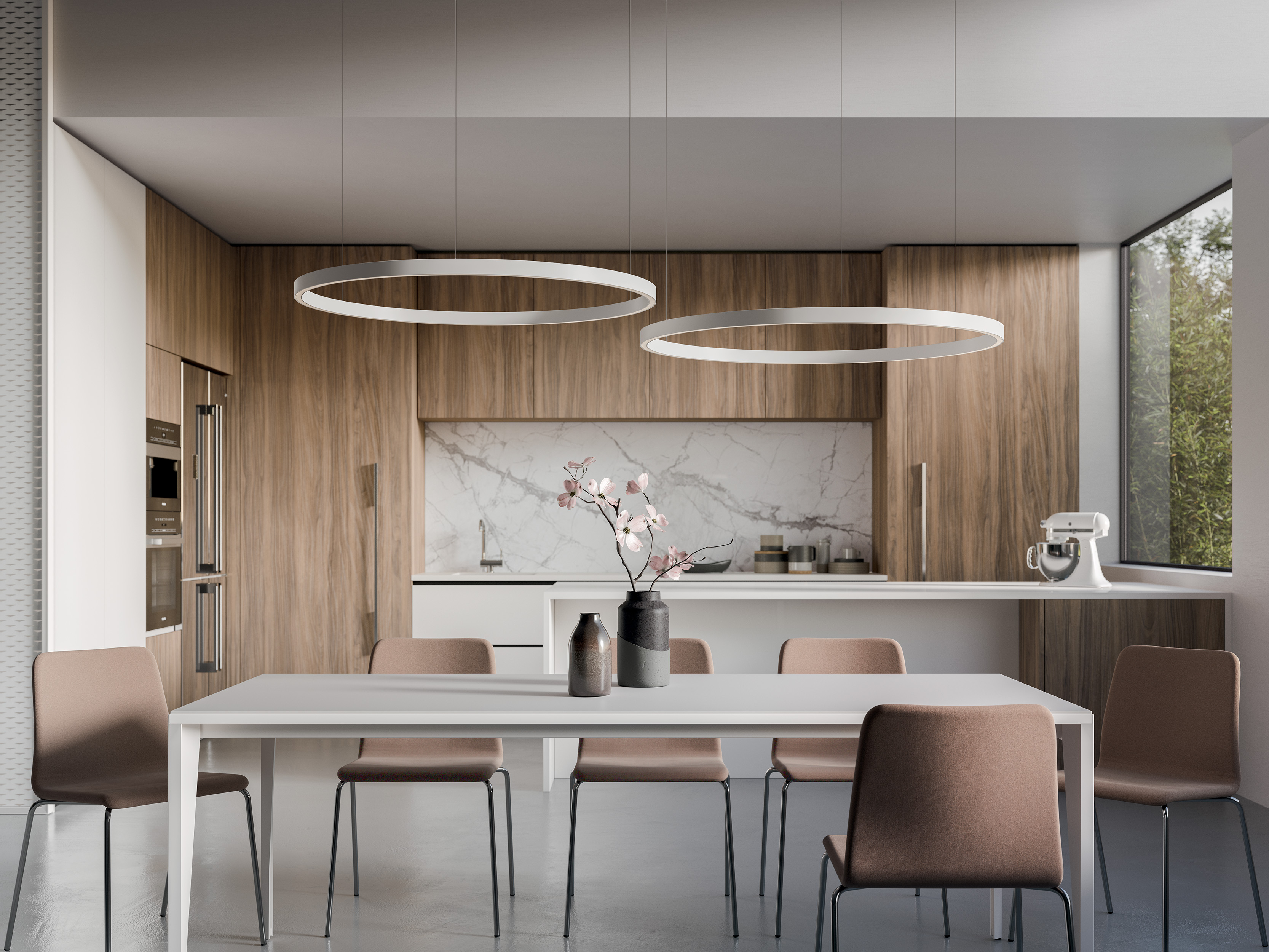 Salle à manger avec des luminaires en ronds au dessus