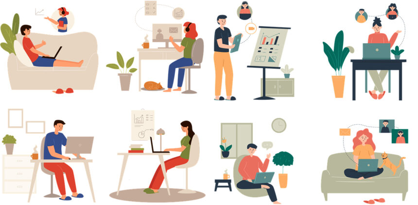 Différentes illustrations représentant le travail hybride