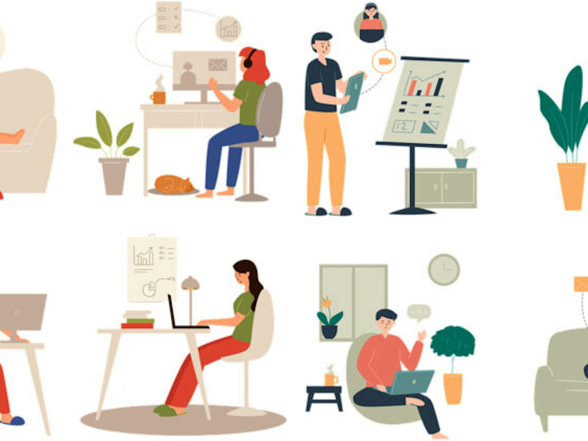 Différentes illustrations représentant le travail hybride