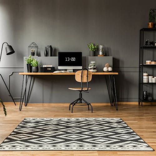 Un salon avec un bureau, une chaise, un tapis, un ordinateur et une plante