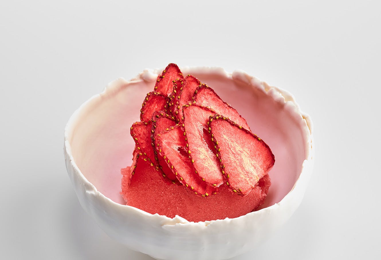 Strawberry sorbet with "Tisane Mint Chaï", recipe created by Guillaume SANCHEZ.