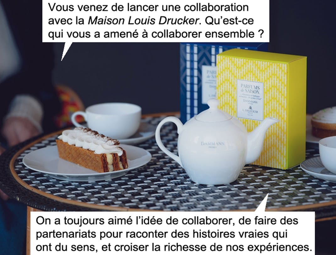 Table on which tea is served with a cake and the "Coffret de Saison" box.