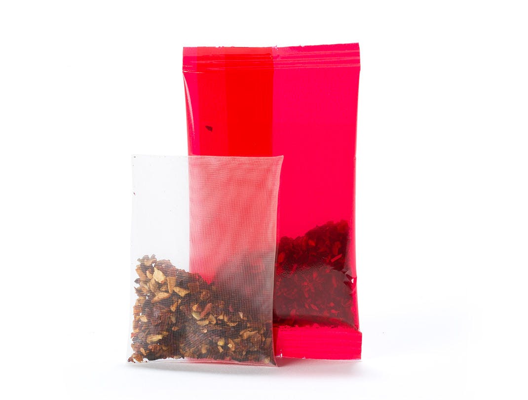 Red and transparent bag of Rasberry Passion fruit ice herbal infusion.