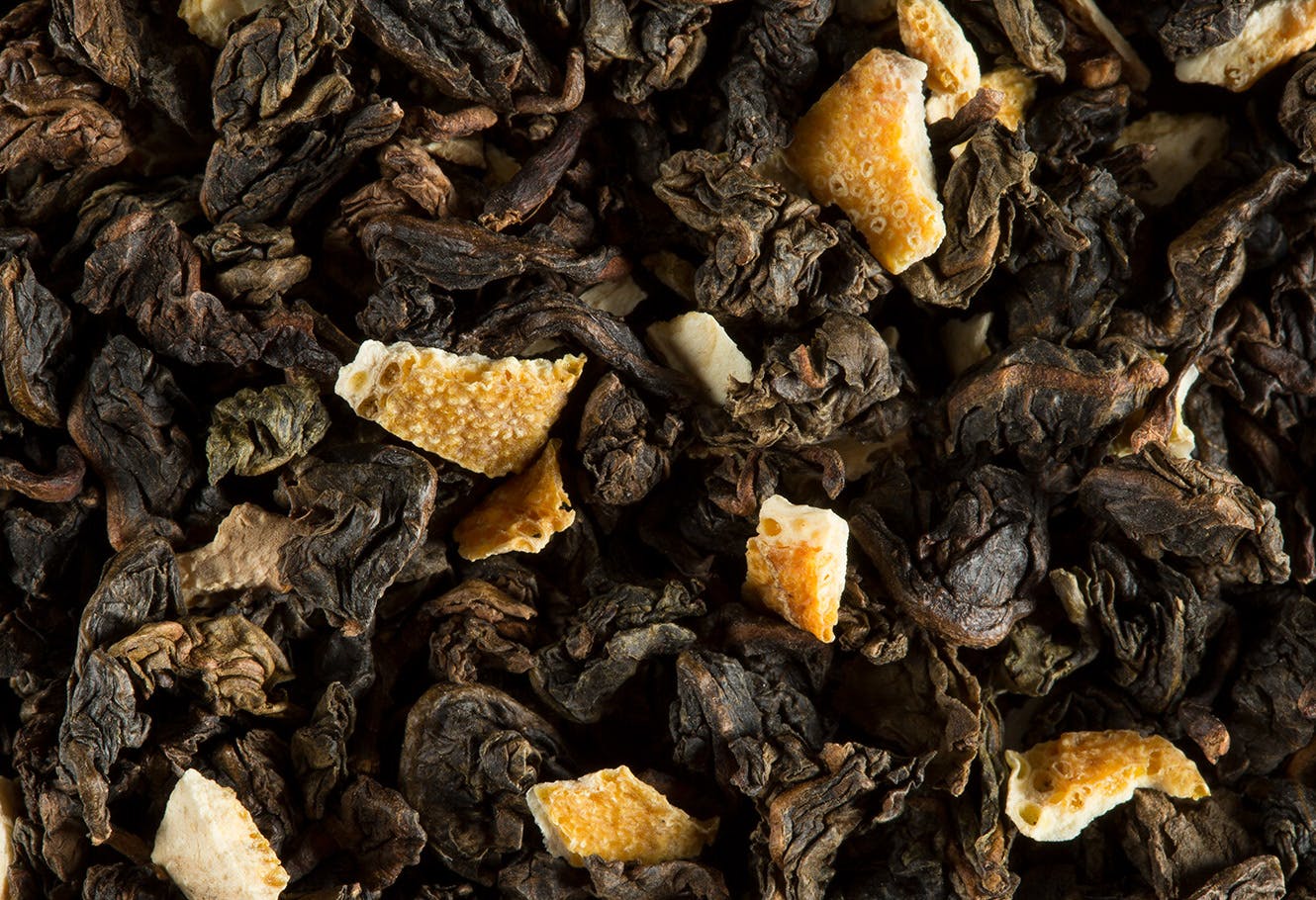 Flavoured oolong tea in bulk with citrus peel.