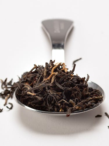 Stainless steel measuring spoon with black tea in bulk.