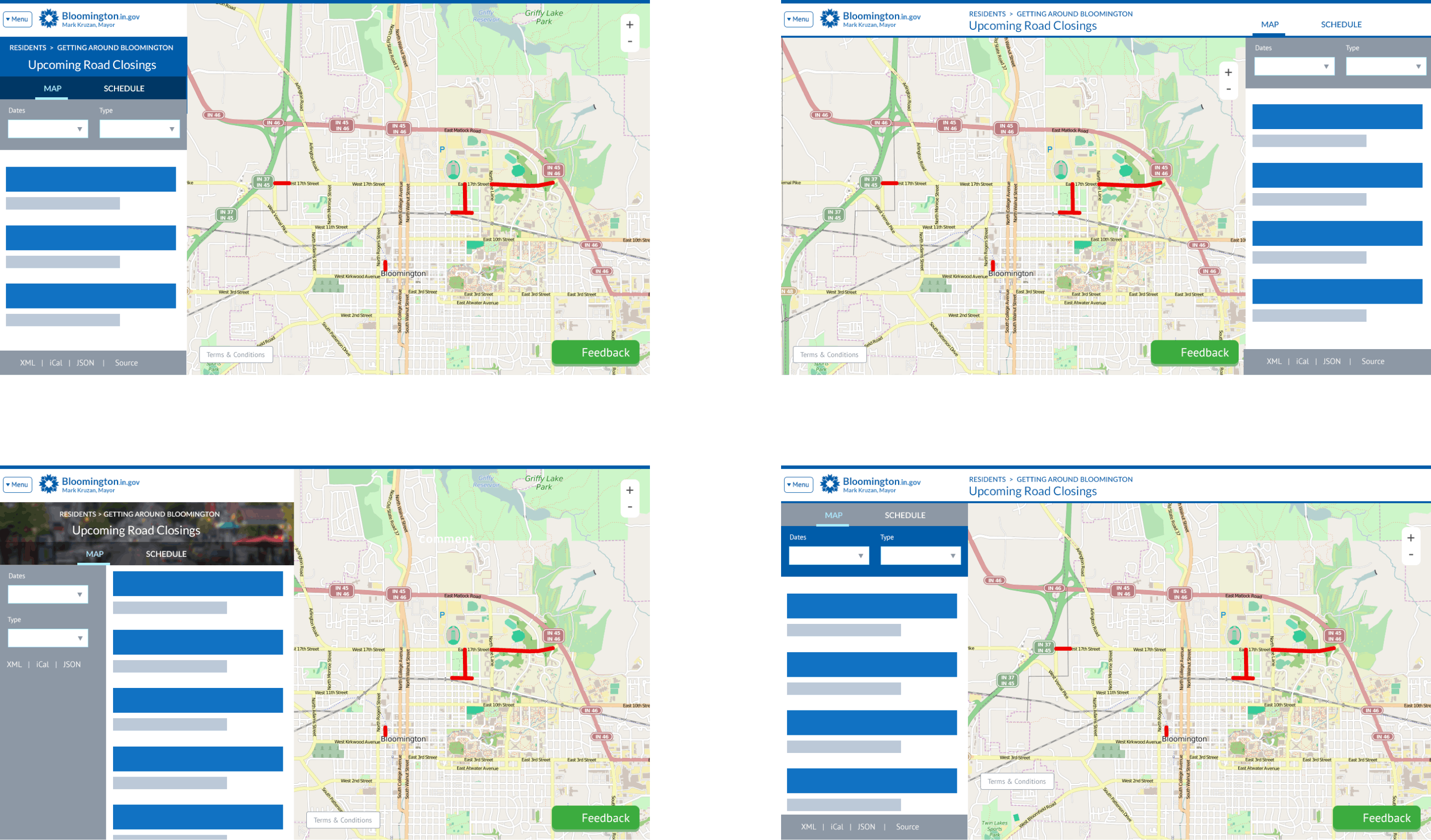 A screen shot showing four wireframes that show different approaches to the overall layout, elements of maps, and amorphous blocks representing elements to be designed later.