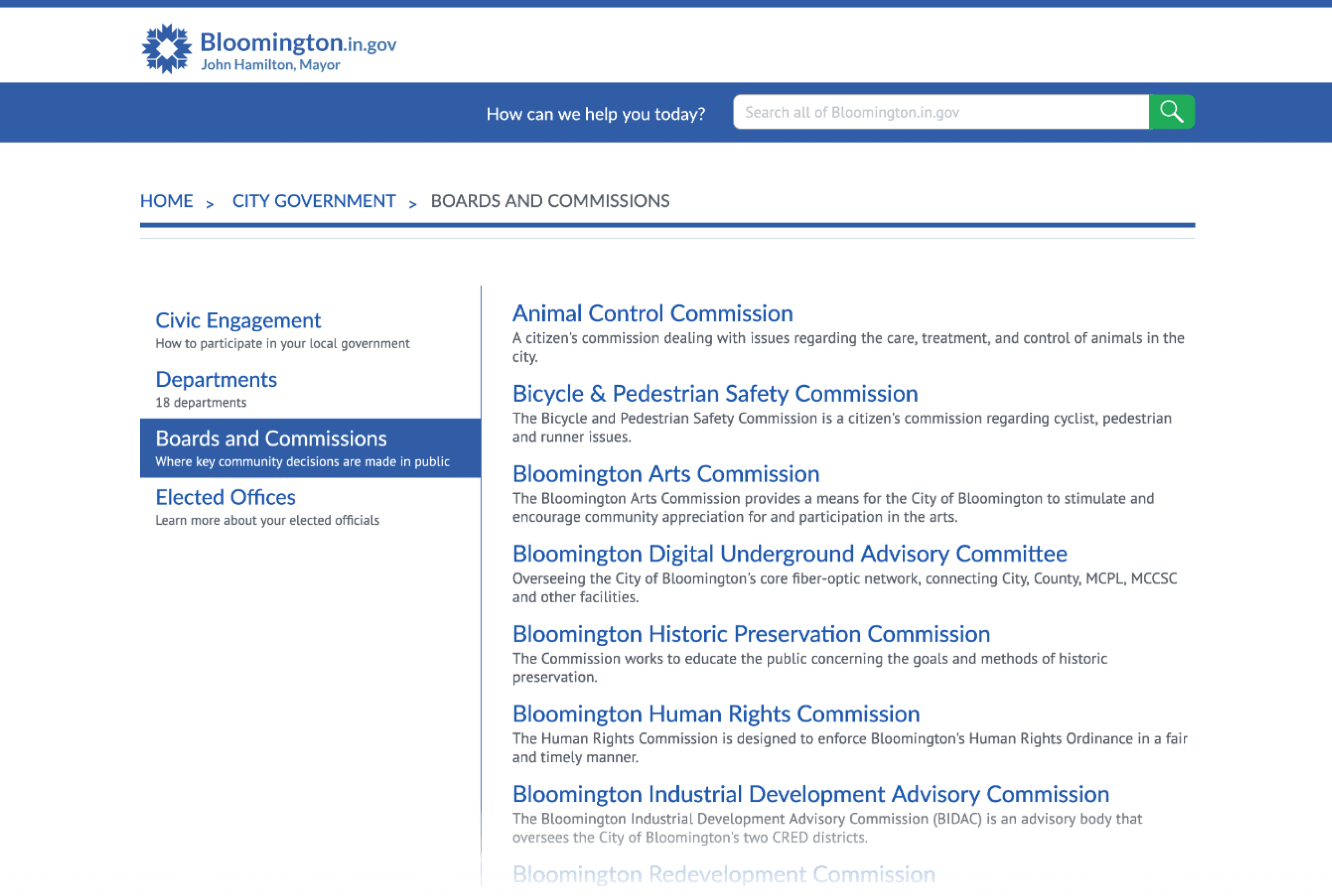 A screenshot of a directory listing for Boards and Commissions, listing several pages inside this section.