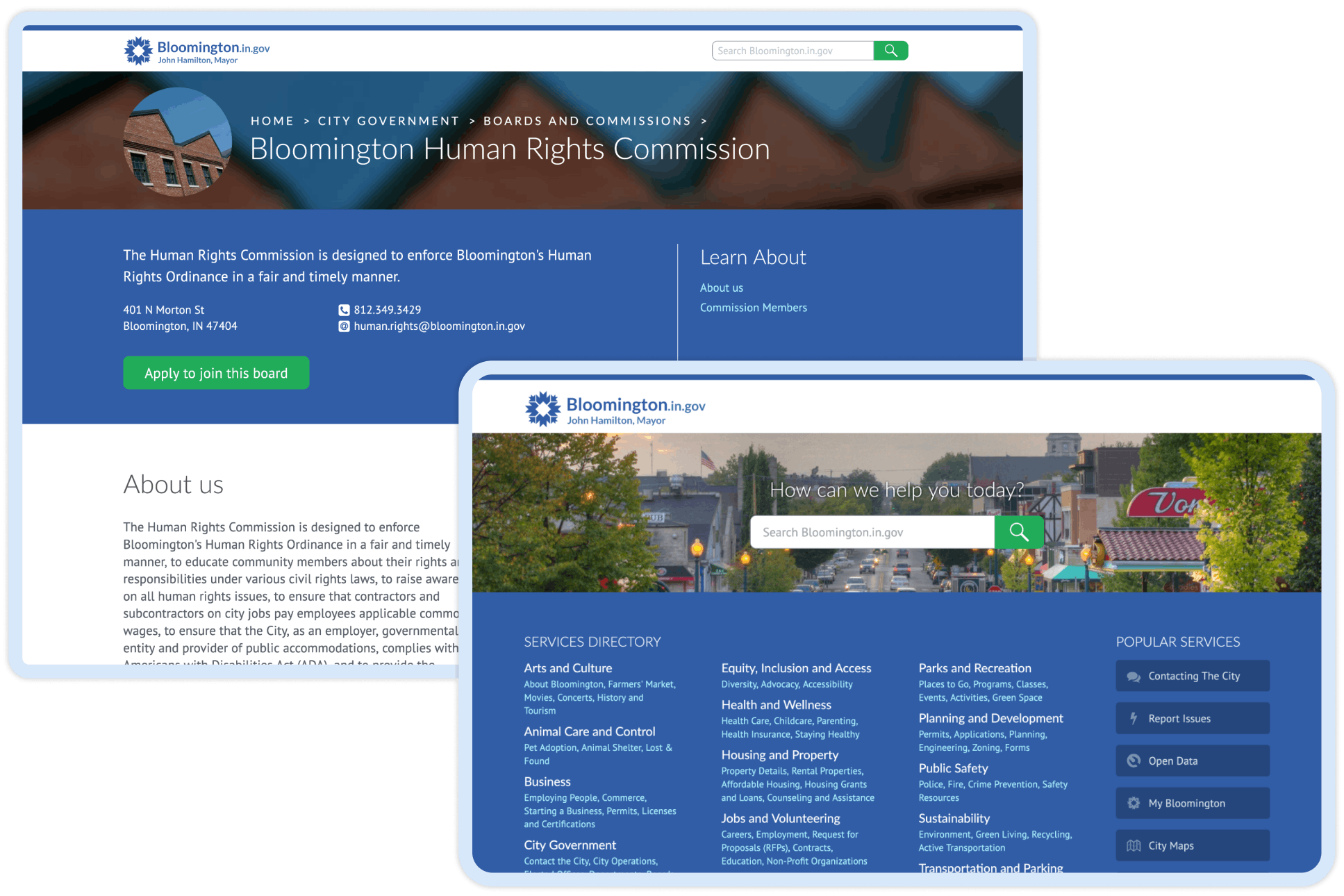 Two screen shots of web pages. One shows a page for the Bloomington Human Rights Commission, and the other shows the City homepage, with a directory of services offered by the City.