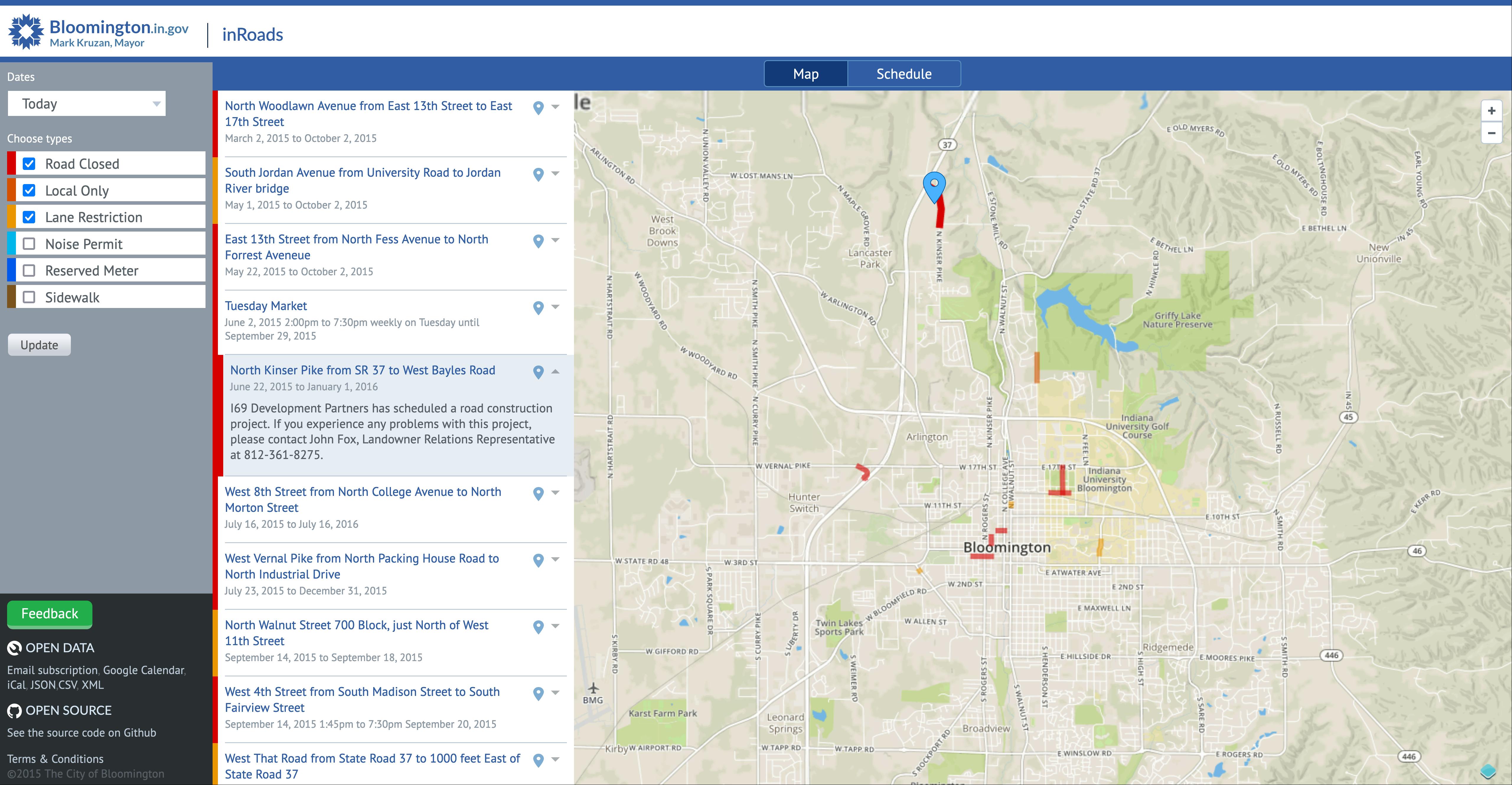 A screen shot of a web app, with a filters panel, a listing of road closures, and a map.