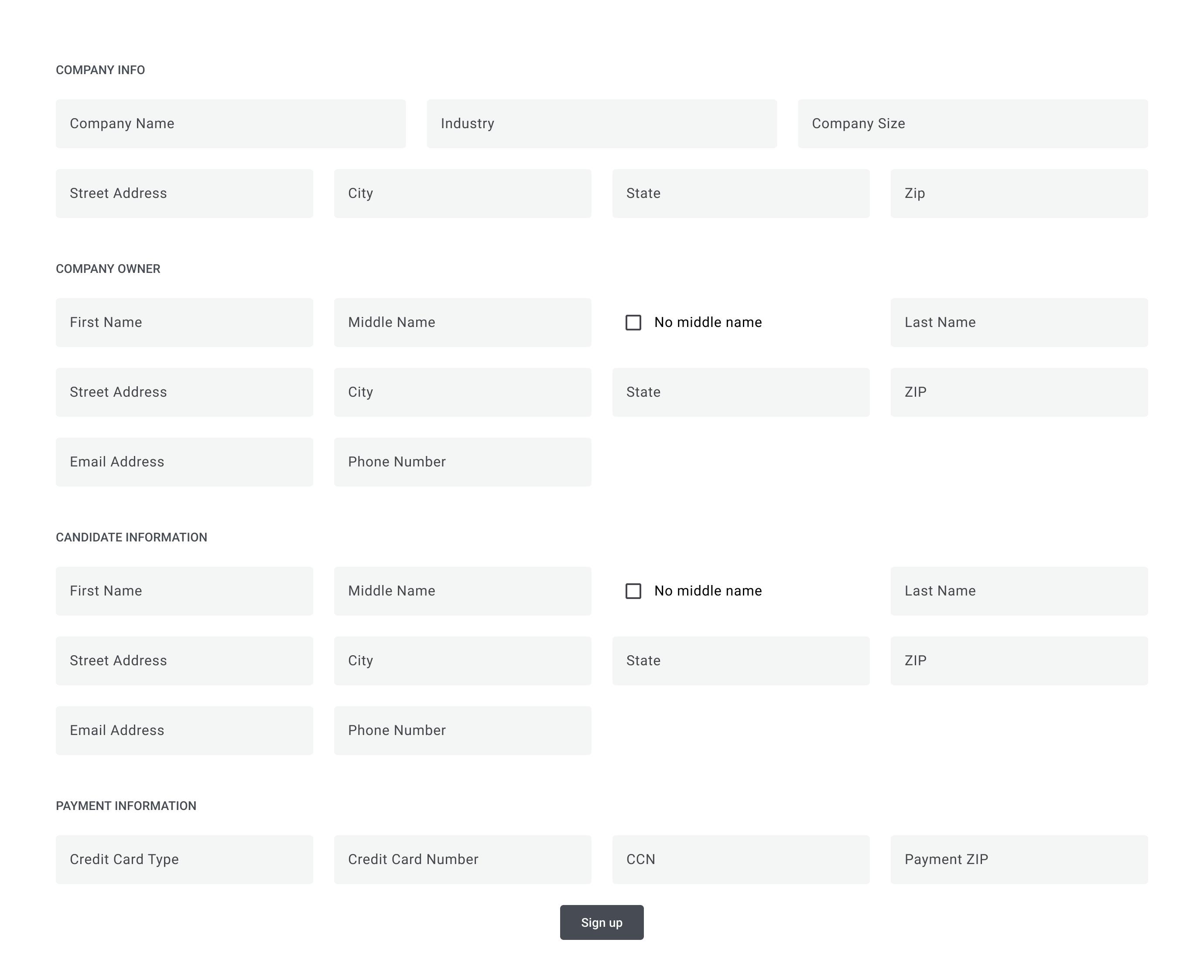 An image of a form where text fields are spread across four columns, showing over 30 text fields in a tight space.