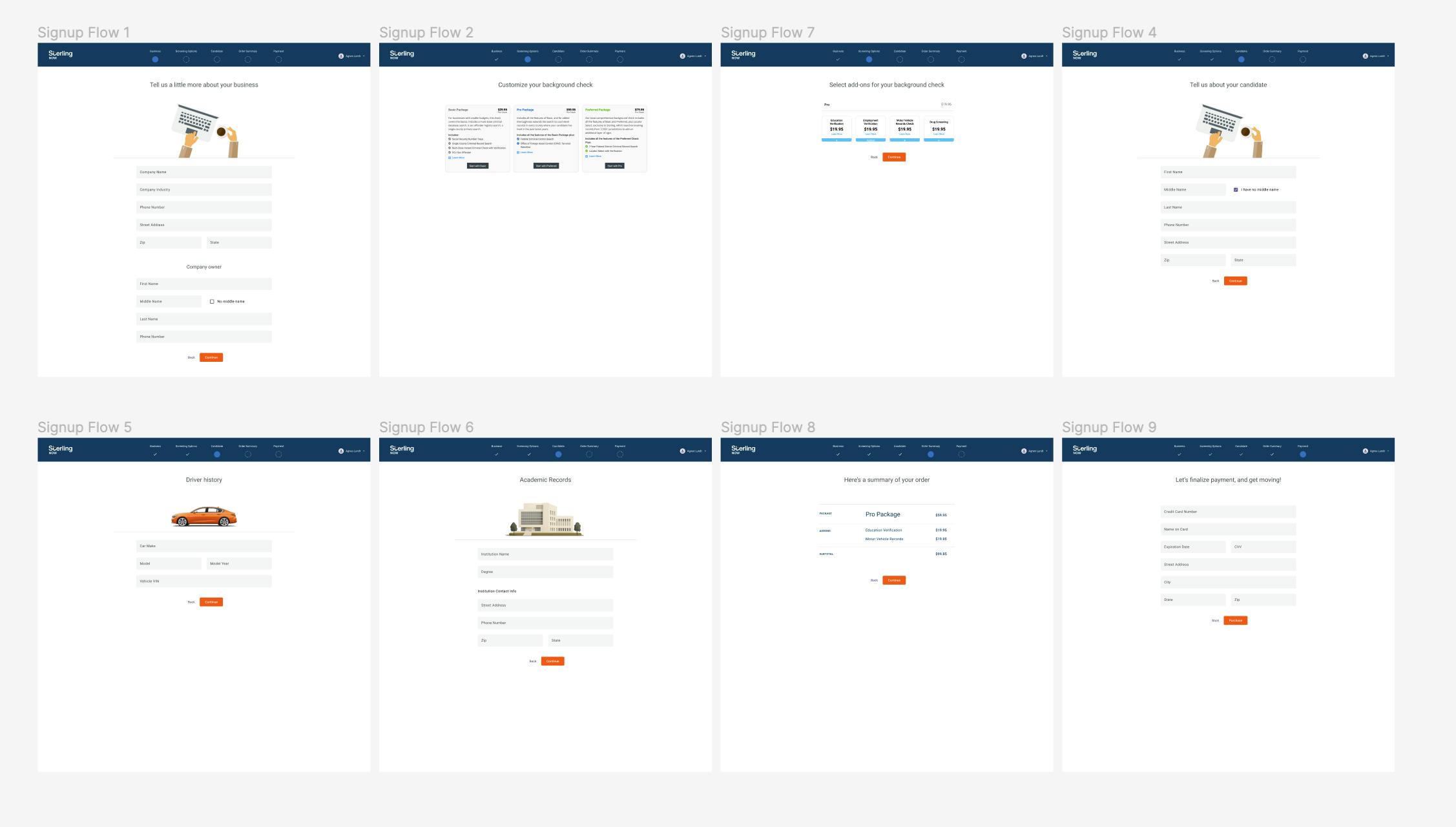 An image of several mockups in a design tool. Most of the screens are form screens, with some one-off screens also in the mix.