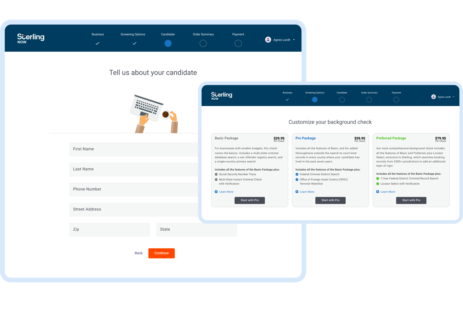 Two screen shots from SterlingNOW, one showing a form for job candidate information, a second showing an interface for choosing a package.