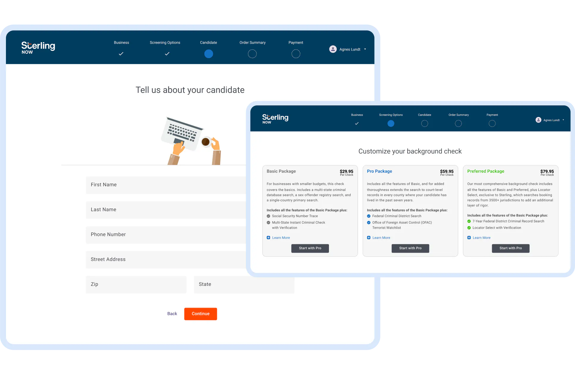 Two screen shots from SterlingNOW, one showing a form for job candidate information, a second showing an interface for choosing a package.
